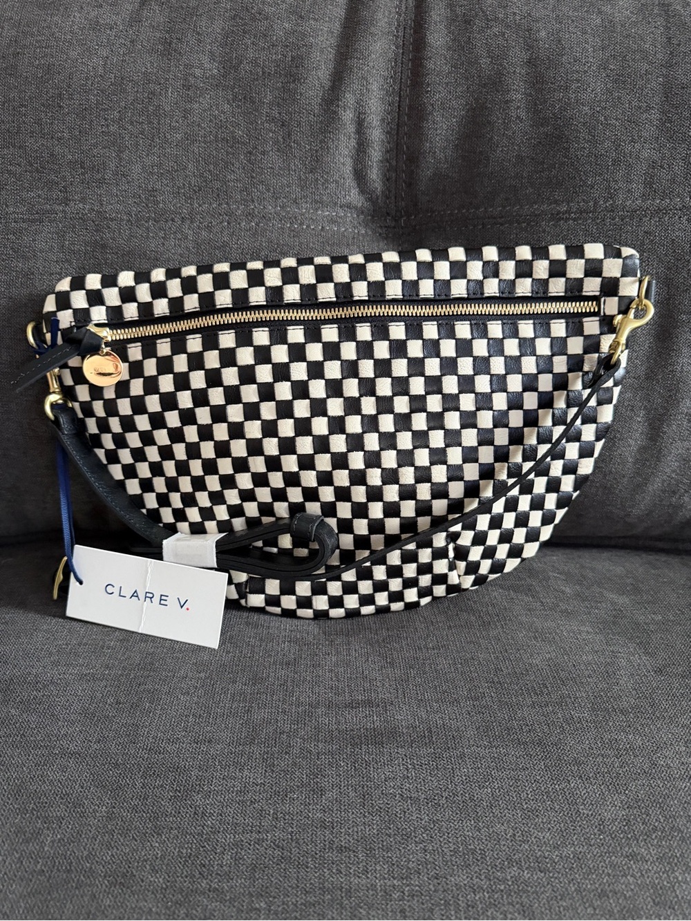 Clare V. Grande Woven Leather Belt Bag in Black And Cream Checker NWT
